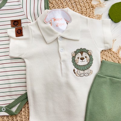 Conj. de Malha 3 peças - Leão com Jubinha - Verde e Off White